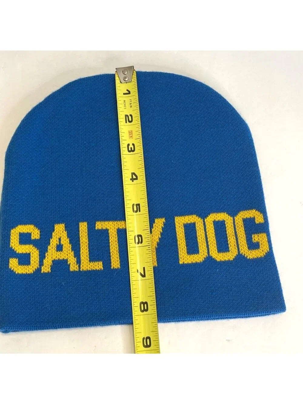 Beanie Hat Acrylic Blue Knit Winter Ski Sled Cap Salty Dog Pup Puppy Paw Yellow